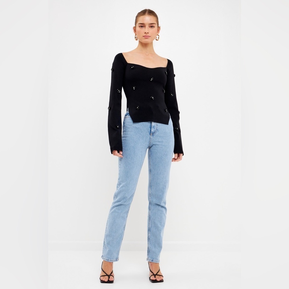 NEW Endless Rose Embellished Floral Sequin Sweater Anthropologie Black XS NWT